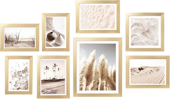 Gallery Wall Frame Set, 8 Pack Gold Picture Frames, Small | Collage Pampas Grass Prints Wall Art Decor for Living Room, Entryway, Stairway, Bedroom, Assorted Size