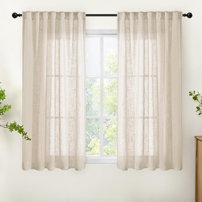 YoungsTex Oatmeal Linen Curtains 45 Inch Length - Short Light Filtering Drapes Semi Sheer with Rod Pocket Back Tab Privacy for Kitchen Living Room Windows, 2 Panels, 42 X 45 Inch