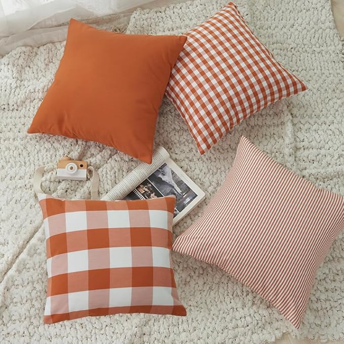 HOPLEE Orange Fall Pillow Covers 24x24 Farmhouse Throw Pillow Cover Cushion Cover with Buffalo Plaid, Solid Orange, Striped and Gingham Plaid Design 24x24 inches,4 Pack