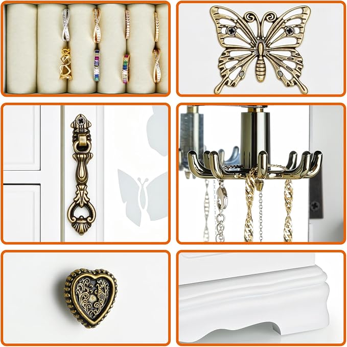 RR ROUND RICH DESIGN Solid Wood Jewelry Box for Women White | Vintage Butterfly Glass Door Jewelry Armoire with Mirror, 4 Drawers & Rotating Necklace Carousel