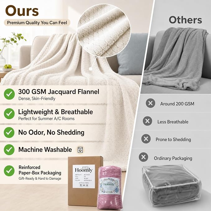 Hoomly Creamy Ivory Throw Blanket 50x60 Soft Fleece for Couch and Bed | Velvety Flannel Feel, Single Layer 3D Jacquard, Living Room Office Car Travel, Neutral Decor, Low Shed, Machine Washable
