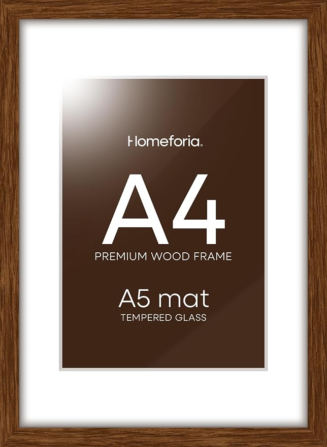 Homeforia A4 Brown Oak Picture Frame, High-End Wood, A5 Mat, Glass