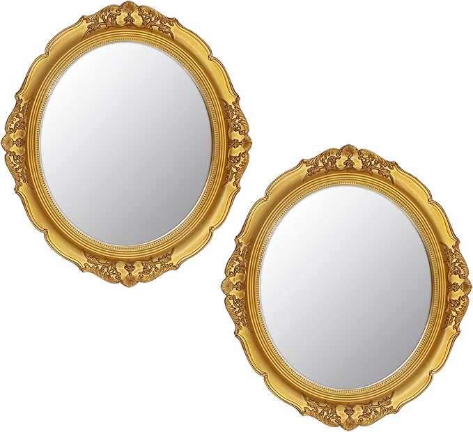 Eaoundm 13.1 x 14.8 inchs Decorative Wall Mirror,Oval (Gold 2 Pcs) | Vintage Hanging Mirrors for Bedroom Living-Room Dresser Decor
