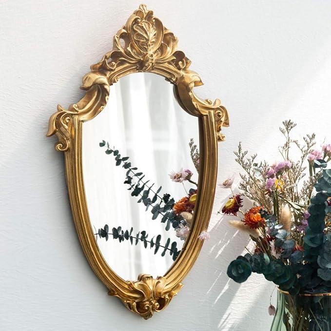 Yash Decorative Wall Mirror, Vintage Hanging Mirrors for Bedroom Living-Room Decor, 11”x 16.5”, Antique Gold