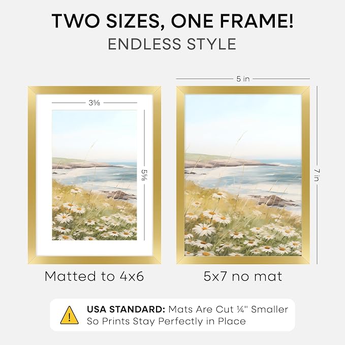Homeforia 5x7 Gold Picture Frame, High-End Metal, 4x6 Mat, Glass