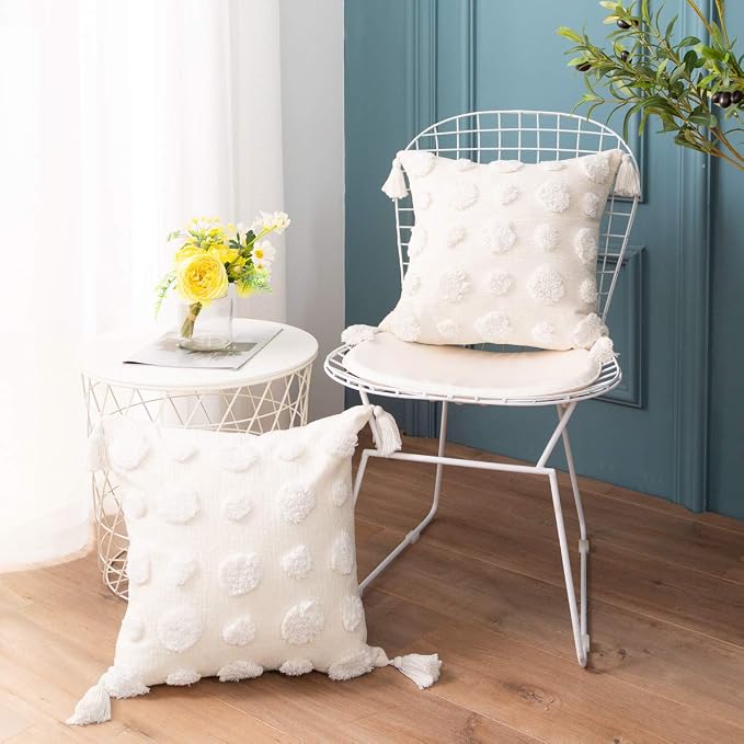 PLWORLD Boho White Pillow Cover 18x18, Tufted Cream Chenille Case with Pom Poms & Tassels, 1PC Cover Only, No Insert