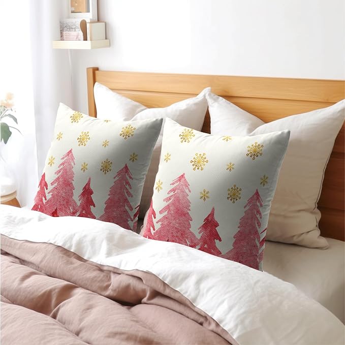 Christmas Tree Throw Pillow 22x22 Inch Set of 2 Cover Winter Christmas Pillowcase Pink Trees Golden Snowflake Decorative Cushion Cover Holiday Rustic Tree Pillow Protector for Home Sofa