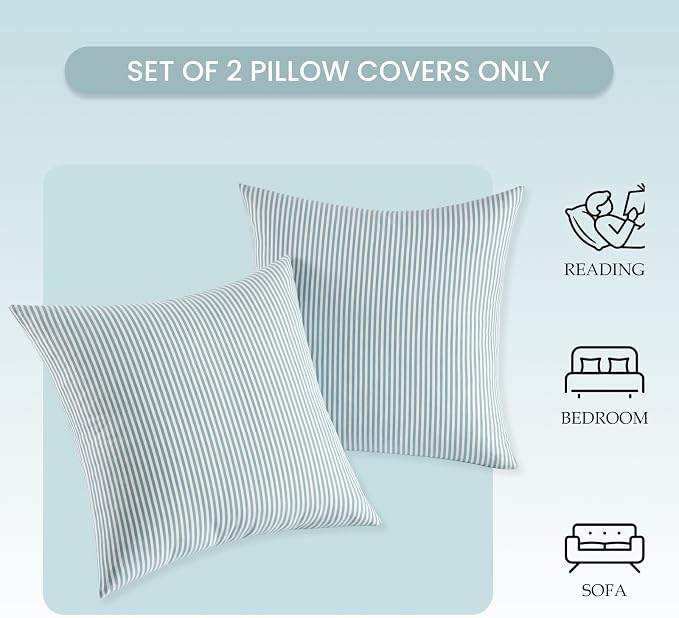 Coastal Decor Light Blue Striped Outdoor Throw Pillow Covers 20x20 Set of 2 | Blue and White Coastal Pillow Covers 20 x 20, Outdoor Porch Pillows for Patio Furniture, Blue Outside Pillows, Nautical Decor