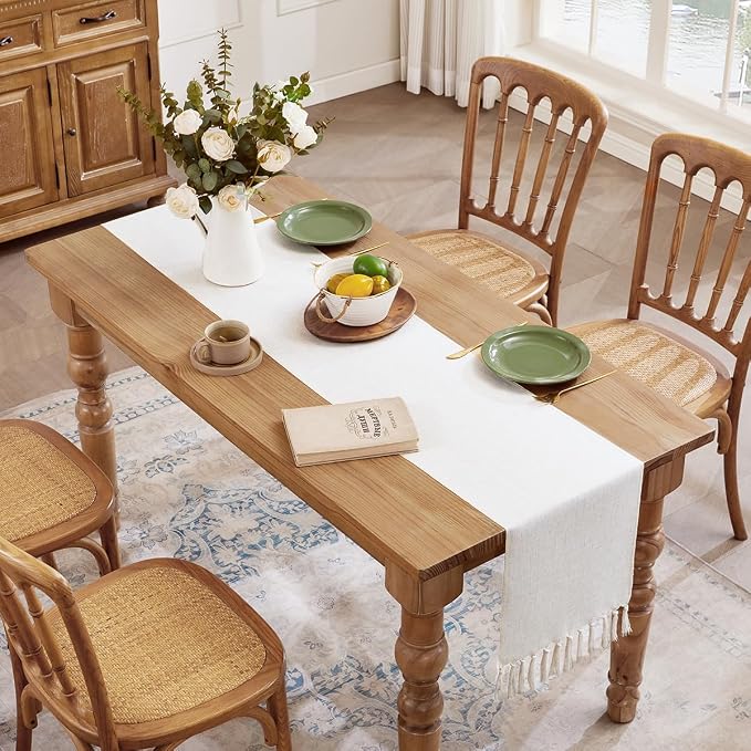 Cotton Linen Table Runner, 13x108 Inch, Off White with Hand Tassels | Linen Style Rustic Farmhouse Table Runners 108 Inches Long for Home Dresser Kitchen Dining Table Decor, Machine Wash