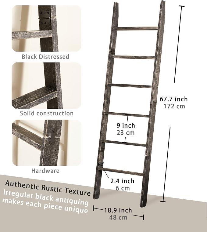 Blanket Ladder 6-Tier Washed Black, Rustic Towel & Quilt Display Rack | rustic black ladder for living room, bedroom or bathroom. Holds quilts, towels & blankets. Sturdy 6-tier wood. Easy assembly
