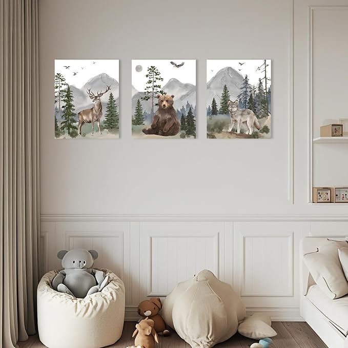 1 KINGO Woodland Animal Nursery Wall Art: 16"x24" Forest Wildlife Prints Canvas Posters Set of 3, Wolf Bear Elk Pictures Nursery Wall Decor for Kids' Bedroom, Boys & Girls Room