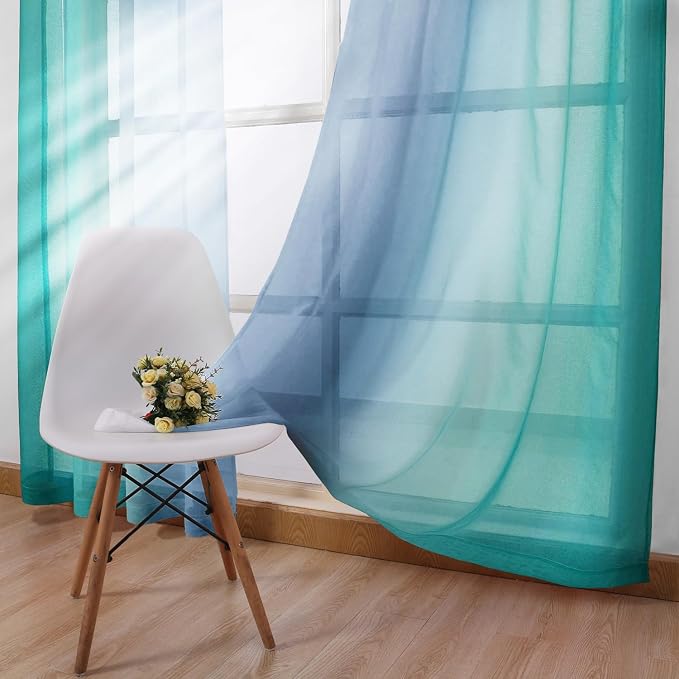 DWCN Ombre Sheer Curtains - Faux Linen Semi Voile Grommet Top Gradient Curtains for Bedroom and Living Room, Set of 2 Window Curtain Panels, 52 x 84 Inch Length（Denim Blue and Teal