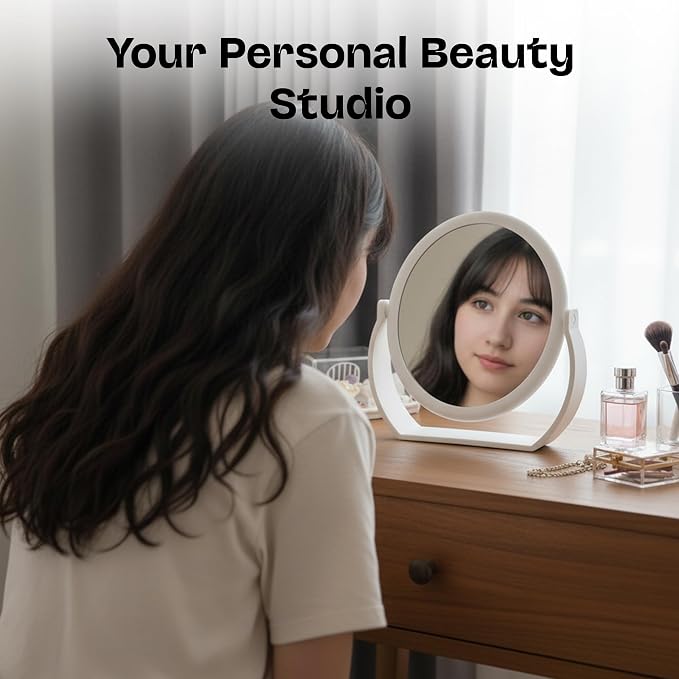 Danielle Creations Oval Soft Touch Vanity Mirror, White, 1X/7X Magnifying Makeup Mirror, Tabletop & Handheld Mirror with Stand, Portable Bathroom, Bedroom & Desk Mirror