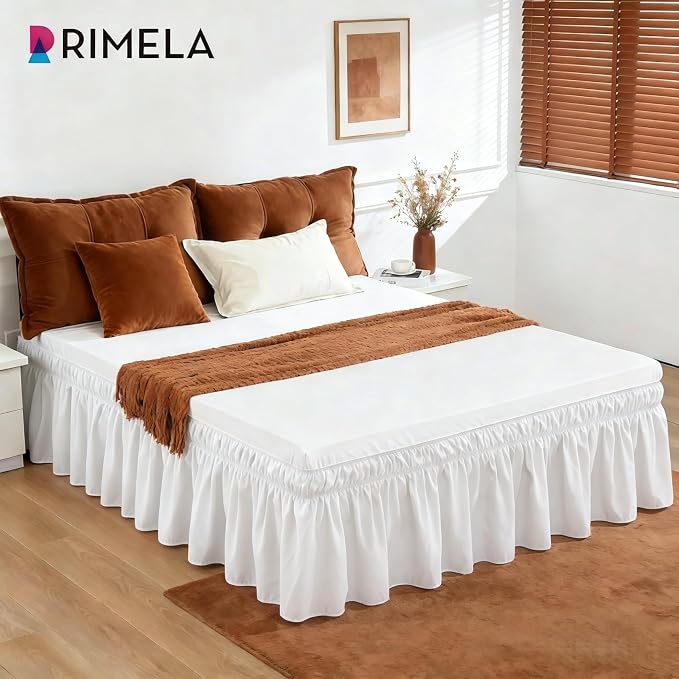 Warm White Bed Skirt Queen Size 25" Drop, Elastic Wrap Around Bedskirt | Solid Ruffled, Easy to Use, No Mattress Lifting, Wrinkle & Fade Resistant, with Adhesive Strips, Machine Wash/Dry/Iron