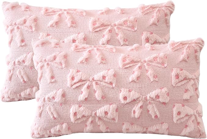 Artscope Valentines Bow Pillow Covers 12x20 Set of 2 Decorative Valentine's Day Throw Pillow Cases Soft Plush Faux Fur Couch Cushion Case for Holiday Sofa Bed Room Home Decor-Pink Bow