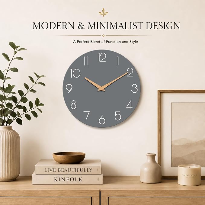 cicininc 10 Inch Battery Operated Wall Clock, Silent Analog, Gray | Living Room | Kitchen | Office | Bathroom | Modern Style | Easy-to-read Numbers