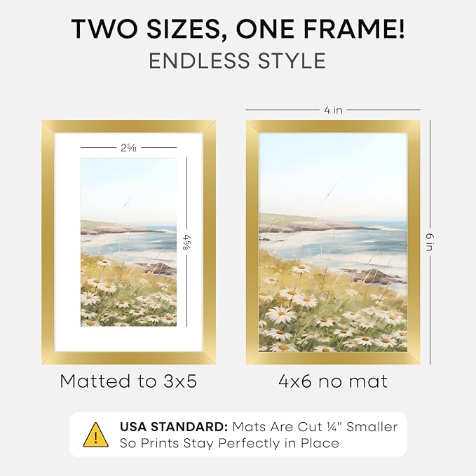 Homeforia 4x6 Gold Picture Frame, High-End Metal, 3x5 Mat, Glass