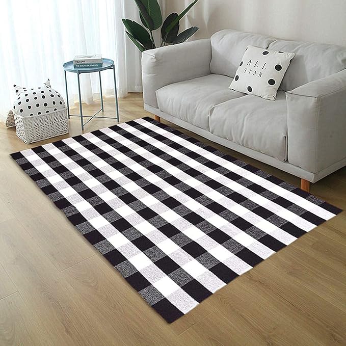 LEVINIS Buffalo Checkered Rug Hand-Woven Cotton Plaid Area Floor Rugs for Living Room Bedroom, 3.9 x 5.9 Feet, Black and White