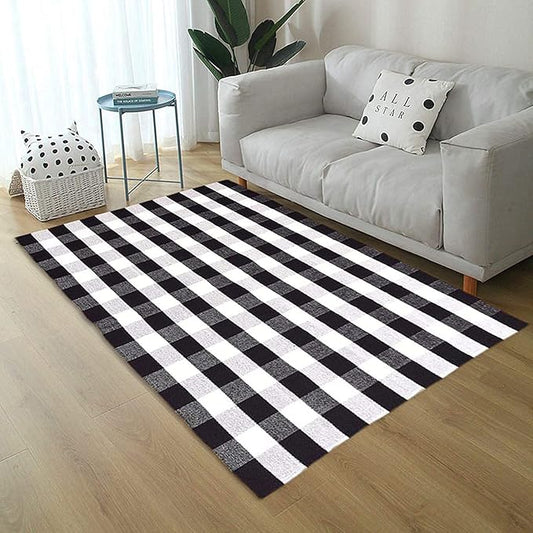 LEVINIS Buffalo Checkered Rug Hand-Woven Cotton Plaid Area Floor Rugs for Living Room Bedroom, 3.9 x 5.9 Feet, Black and White