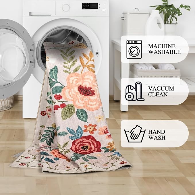 DUKINO 2x7 Runner Rug for Hallway, Washable Runner Rug Non Slip, Beige | Low Pile, Soft Indoor Carpet Runner for Kitchen, Bedroom, Bathroom, Entryway, Laundry, Pet Friendly, Home Decor, Lightweight