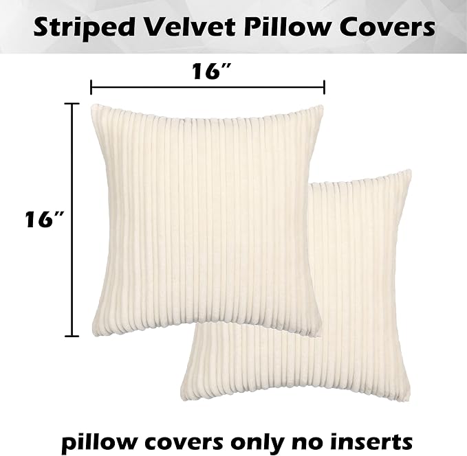 Kevin Textile Striped Corduroy 16”x16” Pillow Covers 2 Pack, Cream White