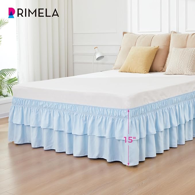 RIMELA Queen Size Ruffle Bed Skirt 15 Inch Drop - Light Blue Double Layered Wrap Around Dust Ruffle, Romantic Cute Design Bedskirt with High-Density Fabric, Soft Stretchy, Easy Install for Queen Bed