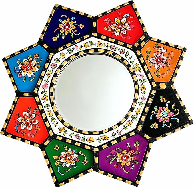 Starburst Decorative Wall Mirror Colorful Boho Moroccan Small Accent Mirror | Multicolor Painted Wood Framed Shatterproof Acrylic Adhesive Mirror Round Ethnic Wall Art Mirror for Entryway Hallway Bedroom