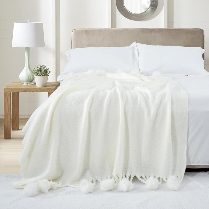 White Pom Pom Throw Blanket for Couch, 60"X80" Soft Lightweight Knitted Farmhouse Decorative Blankets for Bed and Sofa