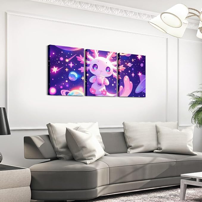 Feelyou Kids Cute Axolotl Picture Wall Decor Galaxy Planet Space Canvas Wall Art Living Room Bedroom Cartoon Animal Wall Painting Prints Boys Girls Dreamy Starry Bathroom Wall Art 12"x16"x 3Pcs