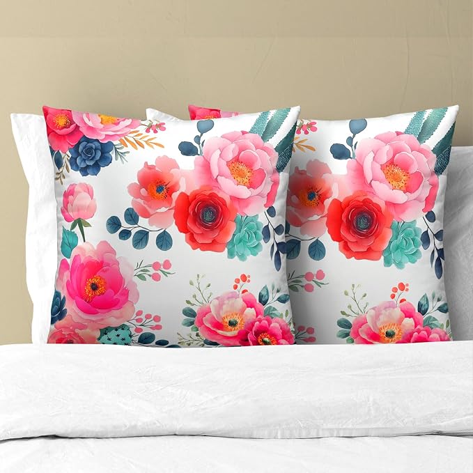 Watercolor Peony Throw Pillow Covers 16x16 Inch Set of 2 Pink Floral Girly Green Leaves Decorative Pillow Case Spring Summer Flower Square Cotton Cushion Cover for Home Couch Bed