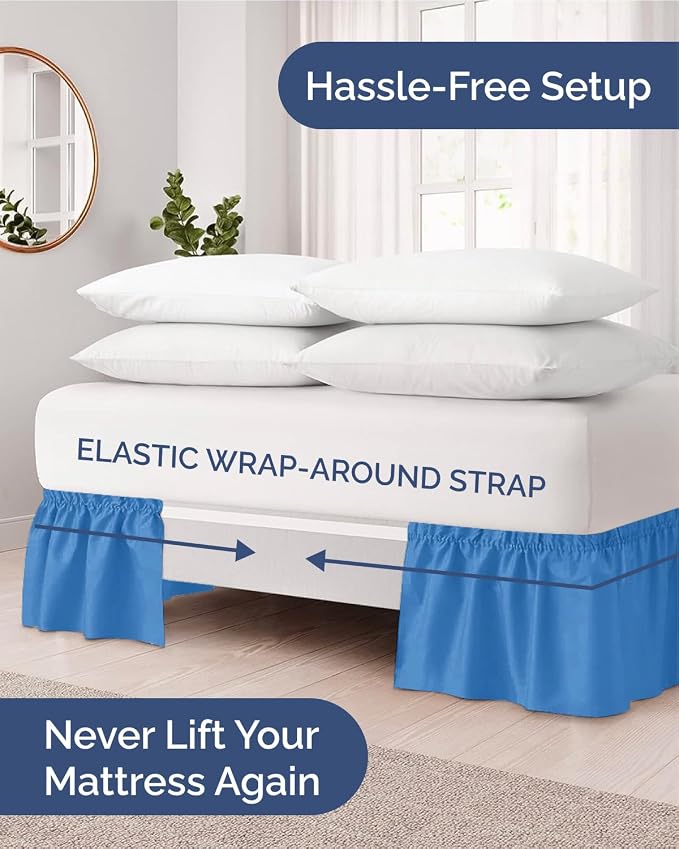 Wrap Around Dust Ruffle Bed Skirt, Full Size - 15 Inch Drop, Royal Blue | Easy Fit Elastic Strap, Adjustable Pleated Bedskirt w/Brushed Fabric, Wrinkle & Fade Free, for Women, Men, Kids & Teens