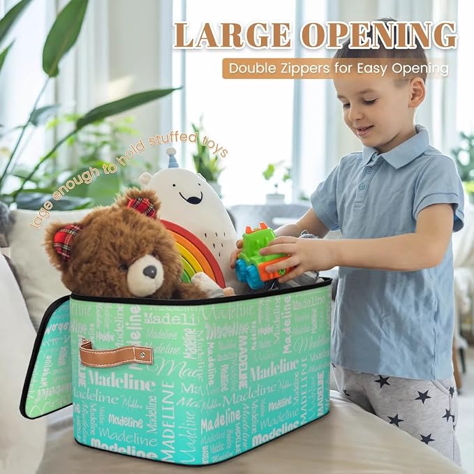 Custom Name Storage Basket, Personalized Keepsake Box, Green Cyan