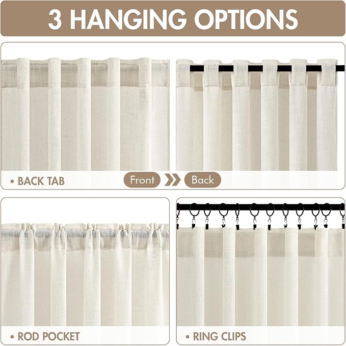 MIULEE Natural Back Tab Linen Curtains 4 Panels 42W x 63L | Linen material, light filtering, rod pocket back tab hanging, farmhouse decor for living room bedroom