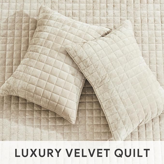 RECYCO Channel Box Stitch Velvet Quilt Set, King Size, Beige | Ultra Soft Lightweight Velvet Comforter, Luxury Oversized Bedspread Coverlet, Quilted Bedding Set for All Season with 2 Shams