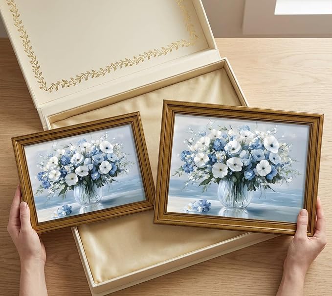 Rienkhu Gold Frame Vintage Flowers Canvas Wall Art Blue Beach Pictures Blossom Bathroom Wall Decor Modern Blue Ocean Background Artwork Prints Hanging in Office Dining Room Kitchen Bedroom 9x11in