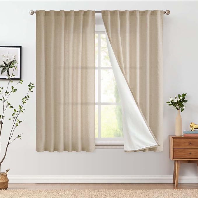 jinchan Lined Linen Curtains Privacy Back Tab 50x63 Inch 2 Panels Set Taupe | Light Filtering Curtains with White Privacy Liner, Cottage Core Farmhouse Curtains for Living Room, Rod Pocket 63 Inch Length