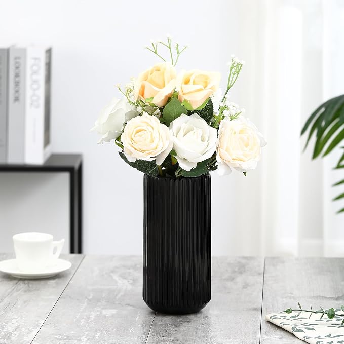 Ribbed Glass Vase,Flower Vase for Bouquet, Black Glass Vases for Flowers, Modern Vases for Living Room, Bathroom, Dining Table, Office, Wedding, Centerpieces, 8 Inches