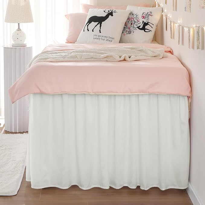 Dorm Bed Skirt Twin XL 46" Drop, College Dorm Essentials, Warm White | Solid ruffled, Wrap-around/elastic, Wrinkle & Fade resistant, with Adhesive Strips, Gift Packed, Machine Wash/Tumble Dry/Iron