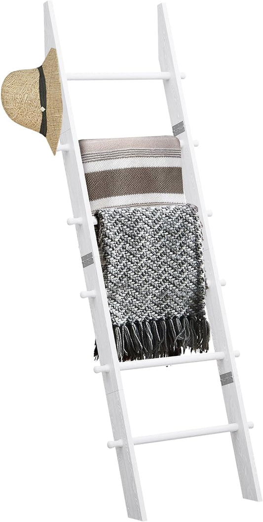 TEAKMAMA 6-Tier 5.4ft Blanket Ladder with Hanging Knobs White | Farmhouse Wall Leaning Solid Wood Scratch & Slip Proof Quilt Rack, Living Room Bedroom Bathroom, Xmas Deco, Easy Setup
