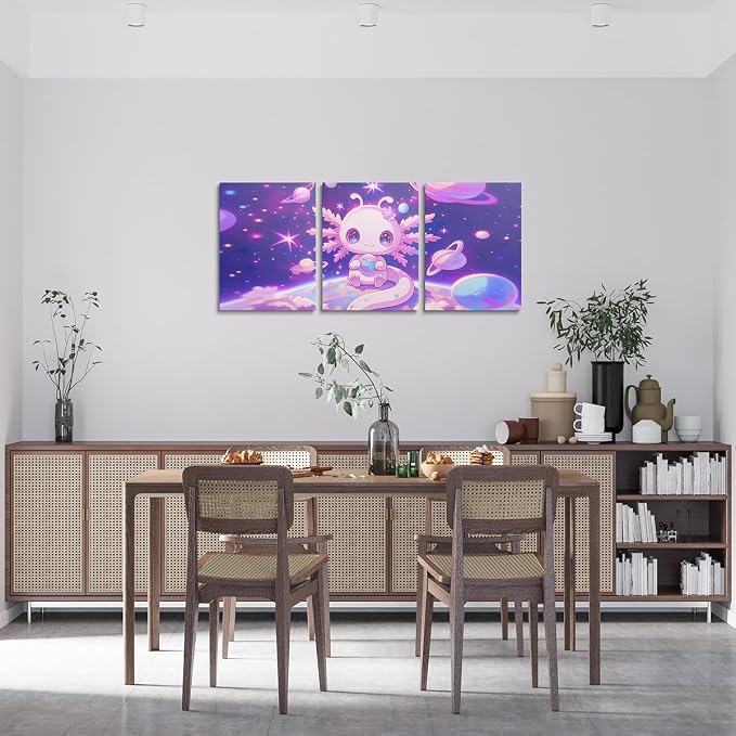 Feelyou Kids Cute Axolotl Wall Painting Posters Galaxy Planet Space Picture Wall Decor Boys Girls Cartoon Animal Canvas Wall Art Living Room Bedroom Dreamy Starry Bathroom Wall Art 12"x16"x 3Pcs