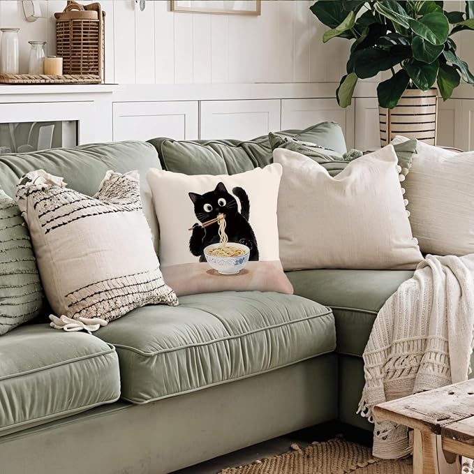 Funny Black Cat Pillow Covers 18x18, Cat Mom Lovers Lady Gifts for Women, Black Kitten Eating Noodle Decorative Throw Pillow Covers Pillowcases for Home Bedroom Living Room Decor
