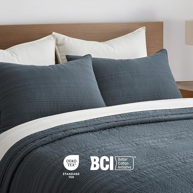 EVERGRACEHOME 100% Cotton Quilt Set Oversized Cal King, Midnight Blue | Pre-Washed Soft Cotton, Striped Coverlet Bedspread, 3 Piece Lightweight Bedding Set for All Season, with 2 Pillow Shams