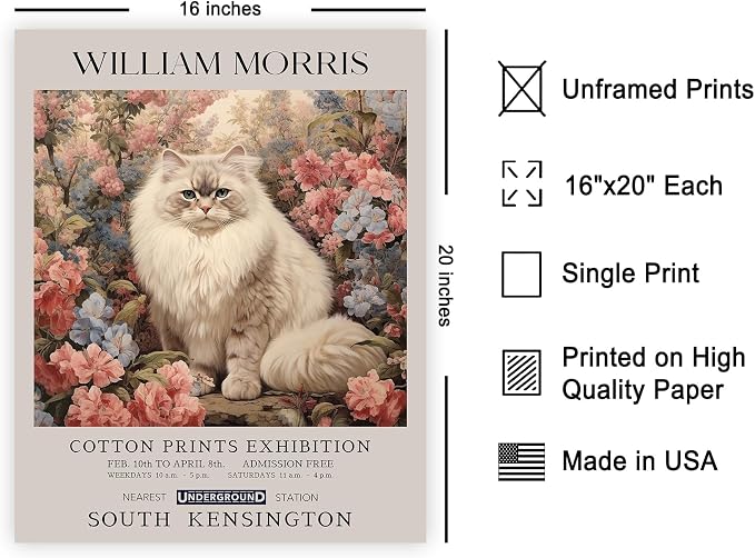 Poster Master Persian Cat Print - Flower & Animal Art - Botanical Exhibition Wall Design - Floral Cat Illustration - Aesthetic Office or Bedroom Decor - 16x20 UNFRAMED Wall Decor