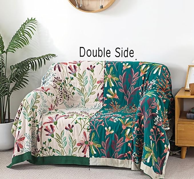 Boho Throw Blanket for Bed 100% Cotton Bohemian Blankets Ultra Soft Woven Muslin Decorative Blankets All Seasons Vintage Quilt Knitted Blanket for Sofa Chair(Green, 90"x98")