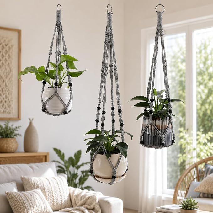 Macrame Plant Hangers with Beads for Indoor and Outdoor, 3 Pack