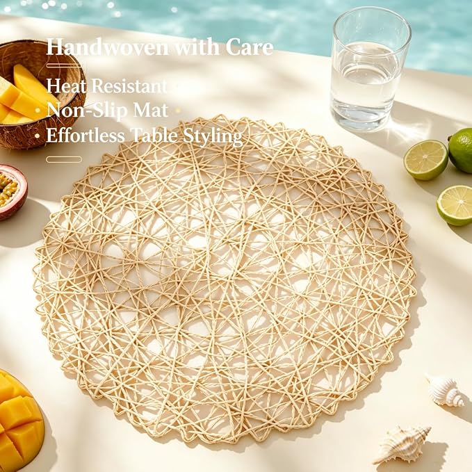 IcosaMro Beige Round Placemats Set of 12 for Dining Table, 13 Inches Paper Woven Boho Small Decorative Circle Place Mat for Wedding Christmas Thanksgiving Day Holiday Dinner, Beige