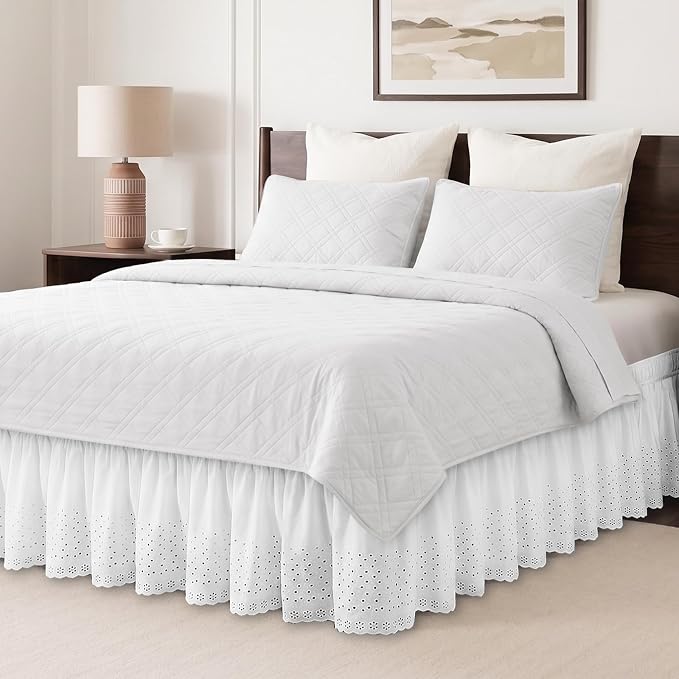 King Bed Skirt 14" Drop, Elastic Wrap Eyelet Embroidery Dust Ruffle, White | Hides Underbed Storage, No Mattress Lifting, Elastic Stays Put, Soft Fabric, Machine Washable, Polished Look