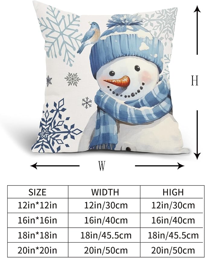 Kawani Winter Snowman Snowflake Pillow Covers 18x18 Inch Blue Christmas Throw Pillow Covers Set of 2 Xmas Winter Holiday Pillowcases Cotton Linen Cushion Covers for Couch Home Decor