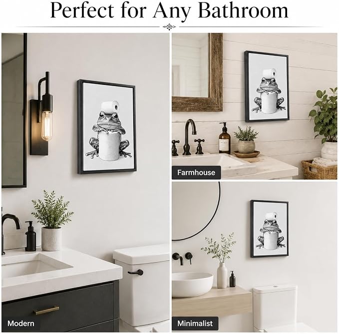 Framed Funny Bathroom Wall Art, Frog Toilet Paper Canvas Print, Minimalist Black and White Humor Bathroom Animal Decor for Restroom Toilet 12x16in