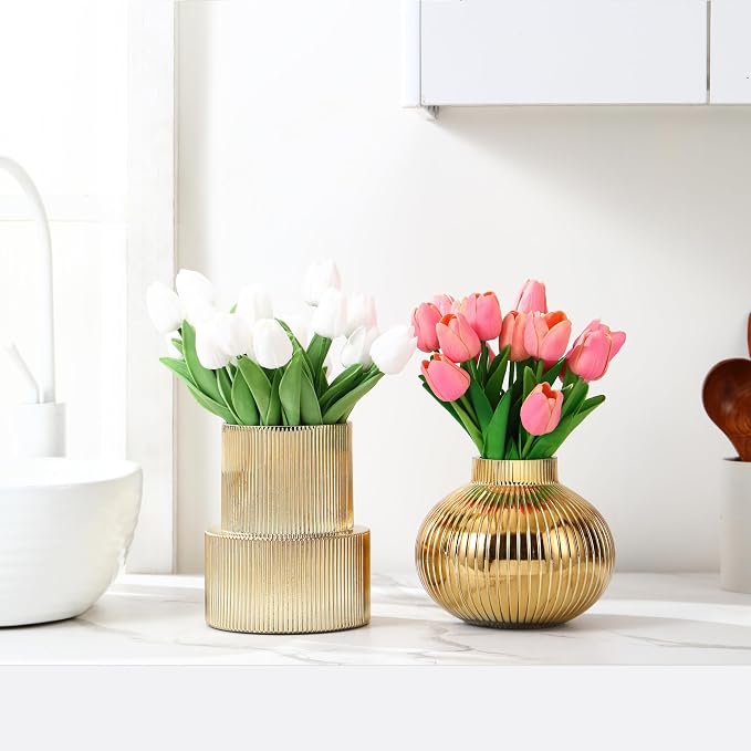 Ribbed Glass Vases, Set of 2 Fluted Vases for Flowers, Gold Glass Vase for Tulips, Modern Vase for Living Room, Kitchen, Office, Entryway, Mantle, Bookshelf, Wedding Gifts, Birthday